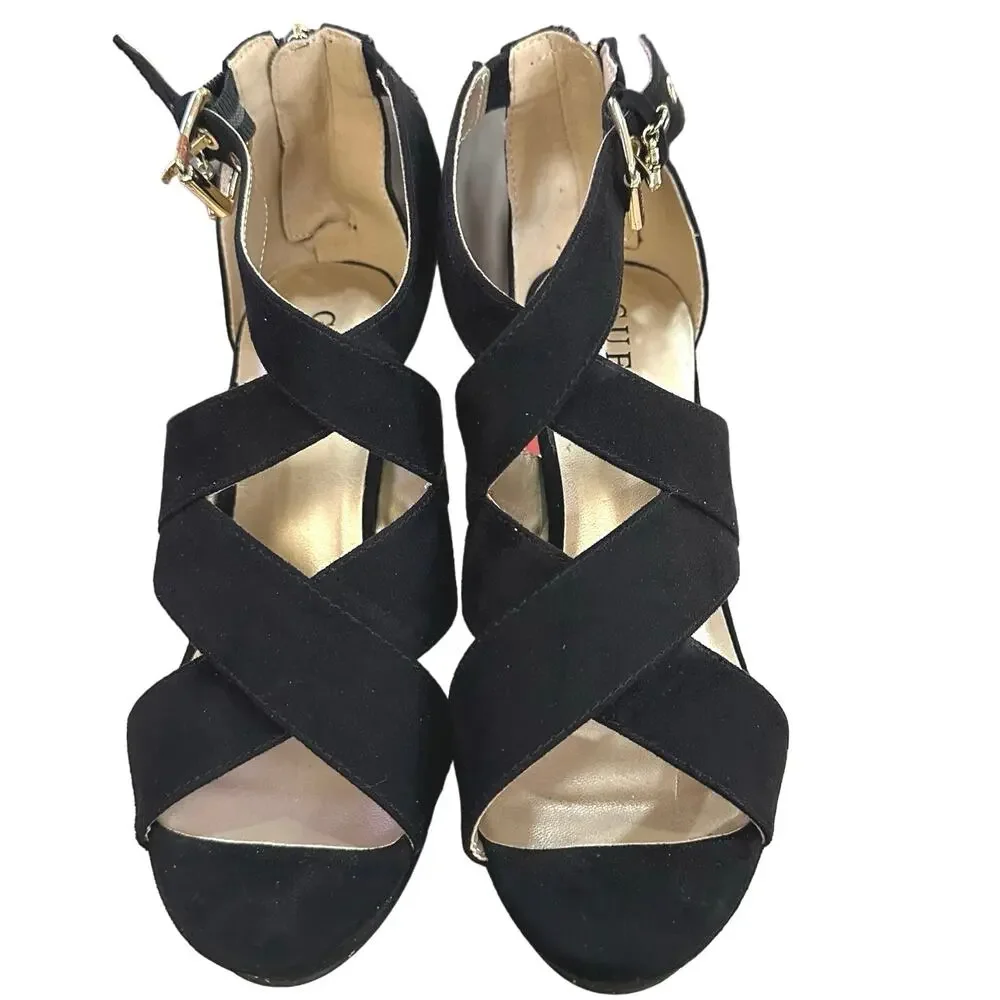 Guess strappy‎ sandal block chunky heels   Criss cross  size 6.5 suede leather